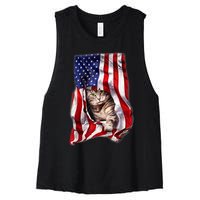 American Flag Cat 4th Of July Kitten Patriotic Pet Lover Women's Racerback Cropped Tank