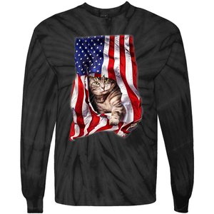 American Flag Cat 4th Of July Kitten Patriotic Pet Lover Tie-Dye Long Sleeve Shirt