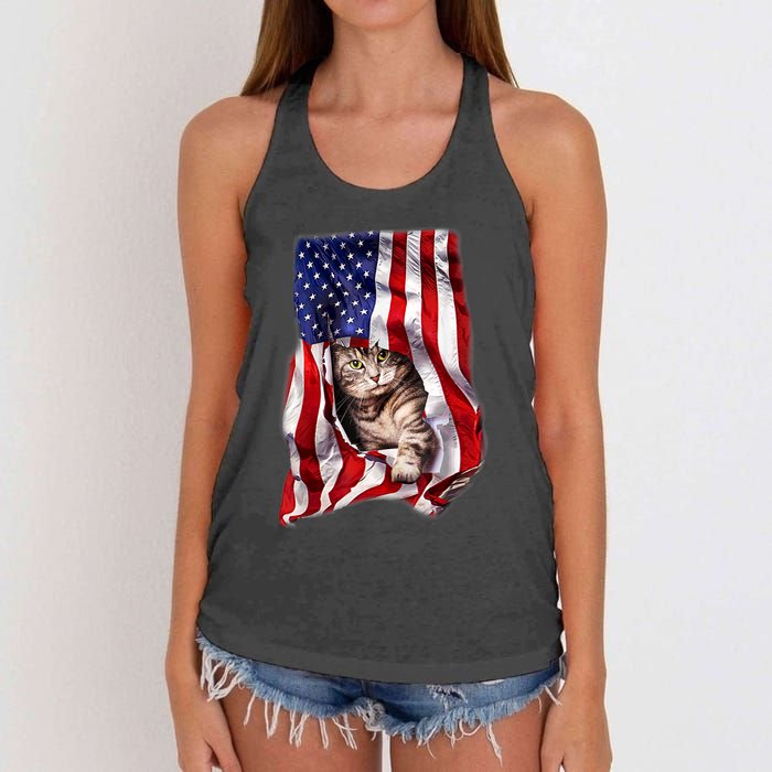 American Flag Cat 4th Of July Kitten Patriotic Pet Lover Women's Knotted Racerback Tank