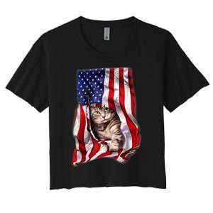 American Flag Cat 4th Of July Kitten Patriotic Pet Lover Women's Crop Top Tee