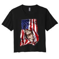 American Flag Cat 4th Of July Kitten Patriotic Pet Lover Women's Crop Top Tee