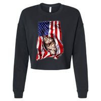 American Flag Cat 4th Of July Kitten Patriotic Pet Lover Cropped Pullover Crew