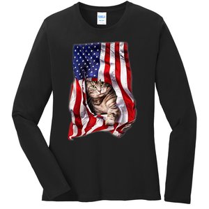 American Flag Cat 4th Of July Kitten Patriotic Pet Lover Ladies Long Sleeve Shirt