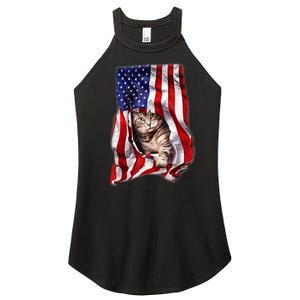 American Flag Cat 4th Of July Kitten Patriotic Pet Lover Women's Perfect Tri Rocker Tank