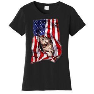 American Flag Cat 4th Of July Kitten Patriotic Pet Lover Women's T-Shirt