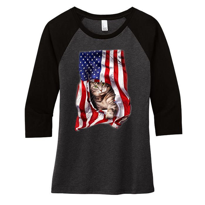 American Flag Cat 4th Of July Kitten Patriotic Pet Lover Women's Tri-Blend 3/4-Sleeve Raglan Shirt