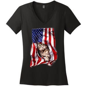 American Flag Cat 4th Of July Kitten Patriotic Pet Lover Women's V-Neck T-Shirt