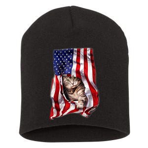 American Flag Cat 4th Of July Kitten Patriotic Pet Lover Short Acrylic Beanie