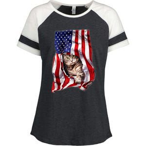 American Flag Cat 4th Of July Kitten Patriotic Pet Lover Enza Ladies Jersey Colorblock Tee