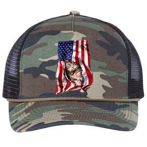 American Flag Cat 4th Of July Kitten Patriotic Pet Lover Retro Rope Trucker Hat Cap