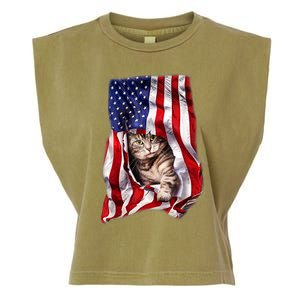 American Flag Cat 4th Of July Kitten Patriotic Pet Lover Garment-Dyed Women's Muscle Tee