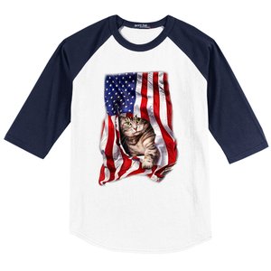 American Flag Cat 4th Of July Kitten Patriotic Pet Lover Baseball Sleeve Shirt