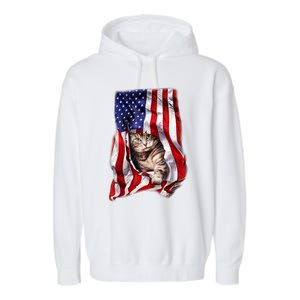 American Flag Cat 4th Of July Kitten Patriotic Pet Lover Garment-Dyed Fleece Hoodie