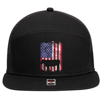 American Flag Cow Vintage Farm Animal Patriotic Farmer Gift 7 Panel Mesh Trucker Snapback Hat