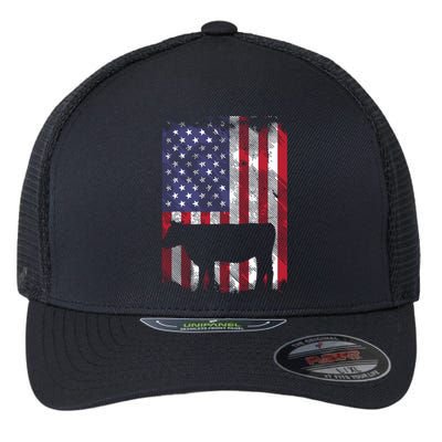 American Flag Cow Vintage Farm Animal Patriotic Farmer Gift Flexfit Unipanel Trucker Cap