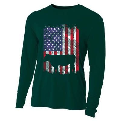 American Flag Cow Vintage Farm Animal Patriotic Farmer Gift Cooling Performance Long Sleeve Crew