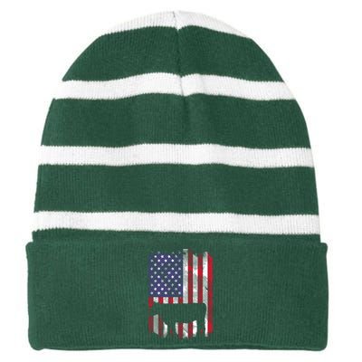 American Flag Cow Vintage Farm Animal Patriotic Farmer Gift Striped Beanie with Solid Band