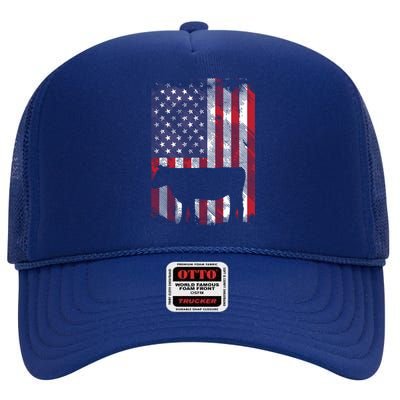 American Flag Cow Vintage Farm Animal Patriotic Farmer Gift High Crown Mesh Back Trucker Hat