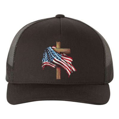 American Flag Christian Cross Jesus Patriotic Yupoong Adult 5-Panel Trucker Hat