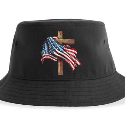 American Flag Christian Cross Jesus Patriotic Sustainable Bucket Hat