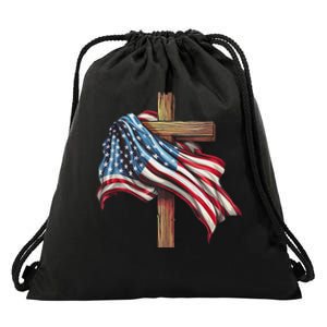 American Flag Christian Cross Jesus Patriotic Drawstring Bag