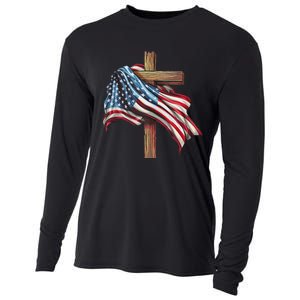 American Flag Christian Cross Jesus Patriotic Cooling Performance Long Sleeve Crew