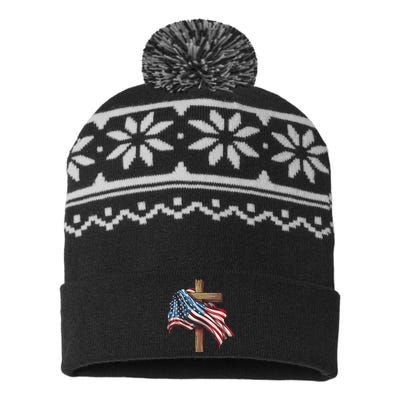 American Flag Christian Cross Jesus Patriotic USA-Made Snowflake Beanie