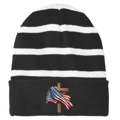 American Flag Christian Cross Jesus Patriotic Striped Beanie with Solid Band