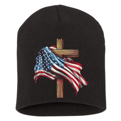 American Flag Christian Cross Jesus Patriotic Short Acrylic Beanie