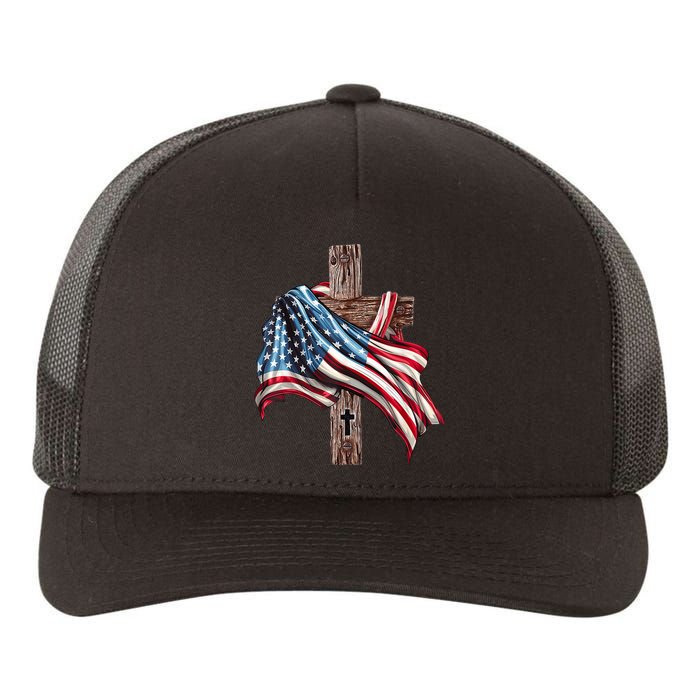 American Flag Christian Cross Jesus 4th Of July Yupoong Adult 5-Panel Trucker Hat