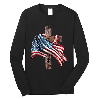 American Flag Christian Cross Jesus 4th Of July Long Sleeve Shirt