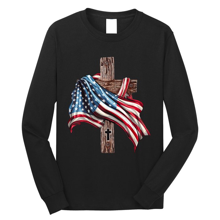 American Flag Christian Cross Jesus 4th Of July Long Sleeve Shirt