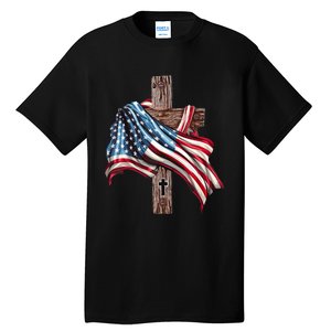 American Flag Christian Cross Jesus 4th Of July Tall T-Shirt