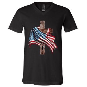 American Flag Christian Cross Jesus 4th Of July V-Neck T-Shirt