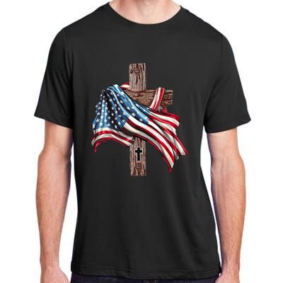 American Flag Christian Cross Jesus 4th Of July Adult ChromaSoft Performance T-Shirt