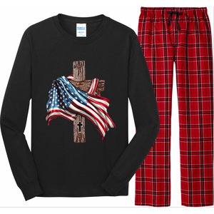 American Flag Christian Cross Jesus 4th Of July Long Sleeve Pajama Set