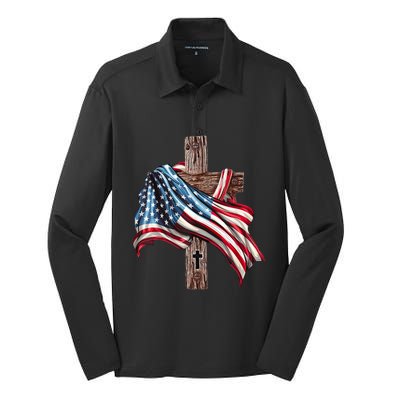 American Flag Christian Cross Jesus 4th Of July Silk Touch Performance Long Sleeve Polo