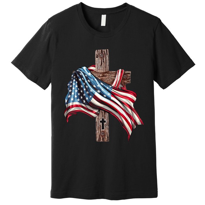 American Flag Christian Cross Jesus 4th Of July Premium T-Shirt