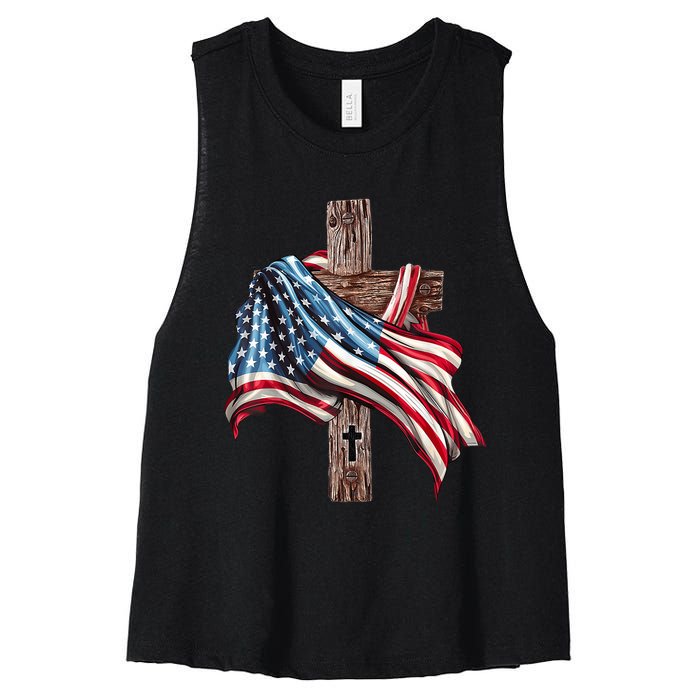 American Flag Christian Cross Jesus 4th Of July Women's Racerback Cropped Tank