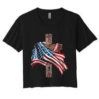 American Flag Christian Cross Jesus 4th Of July Women's Crop Top Tee