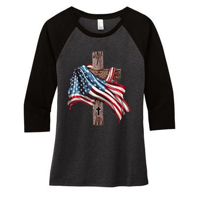 American Flag Christian Cross Jesus 4th Of July Women's Tri-Blend 3/4-Sleeve Raglan Shirt