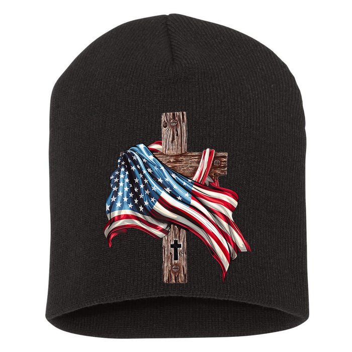 American Flag Christian Cross Jesus 4th Of July Short Acrylic Beanie