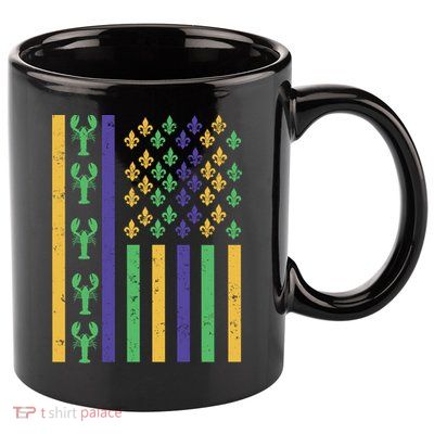 American Flag Carnival Crawfish Mardi Gras Fleur De Lys Great Gift 11oz C Handle Ceramic Mug