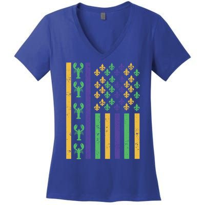 American Flag Carnival Crawfish Mardi Gras Fleur De Lys Great Gift Women's V-Neck T-Shirt