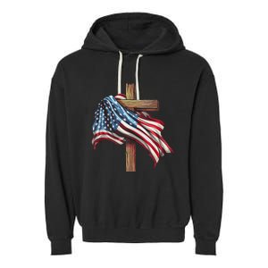 American Flag Christian Cross Jesus 4th Of July Patriotic Garment-Dyed Fleece Hoodie