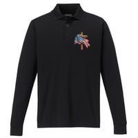 American Flag Christian Cross Jesus 4th Of July Patriotic Performance Long Sleeve Polo