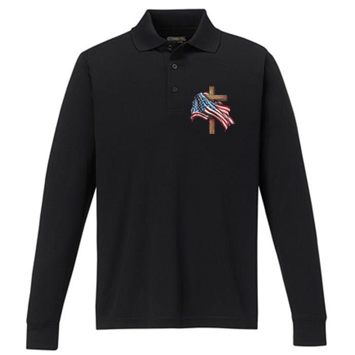 American Flag Christian Cross Jesus 4th Of July Patriotic Performance Long Sleeve Polo