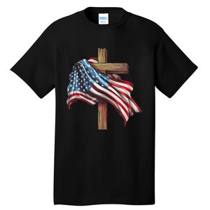 American Flag Christian Cross Jesus 4th Of July Patriotic Tall T-Shirt