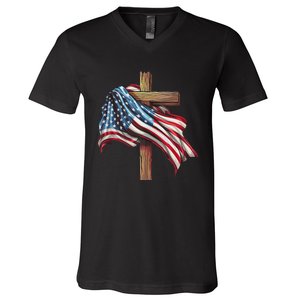 American Flag Christian Cross Jesus 4th Of July Patriotic V-Neck T-Shirt