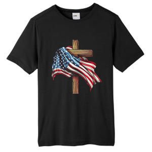 American Flag Christian Cross Jesus 4th Of July Patriotic Tall Fusion ChromaSoft Performance T-Shirt